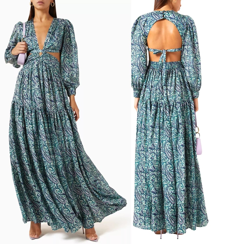Hannah Artwear Soraya Silk Cut-out Maxi Dress Green Paisley Size 1 / US 6, UK 10